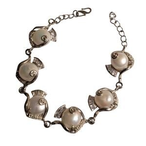 Marked 18K GP Silver Tone Faux Mabe Pearl CZ Hook Clasp 7.5"-8.5" Bracelet
